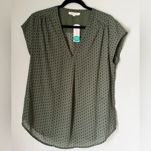 Monday Fun Olive Green Polka Dot V-Neck Blouse NWT Size L
